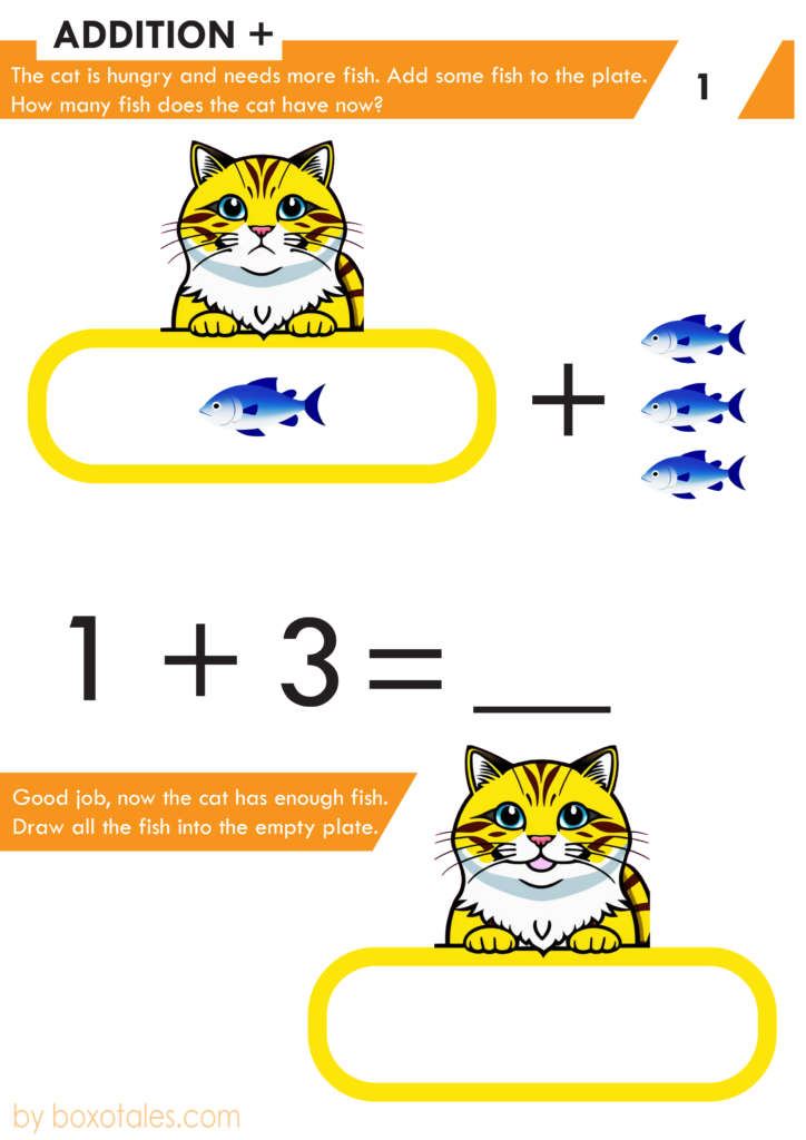 "Feed the Cat" worksheet to practice adding 1's to numbers (from 0 to 9).