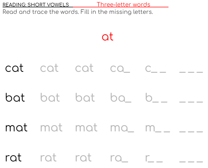 short vowel three-letter words for early readers