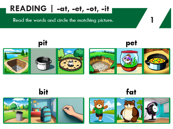 reading short vowel words at et ot it