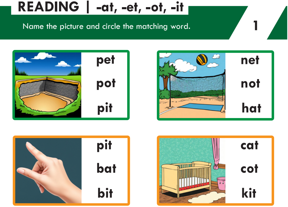 reading short vowel words at et ot it
