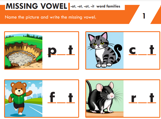 Missing Vowel Worksheet for -at, -et, -ot, -it Word Families – Free Download