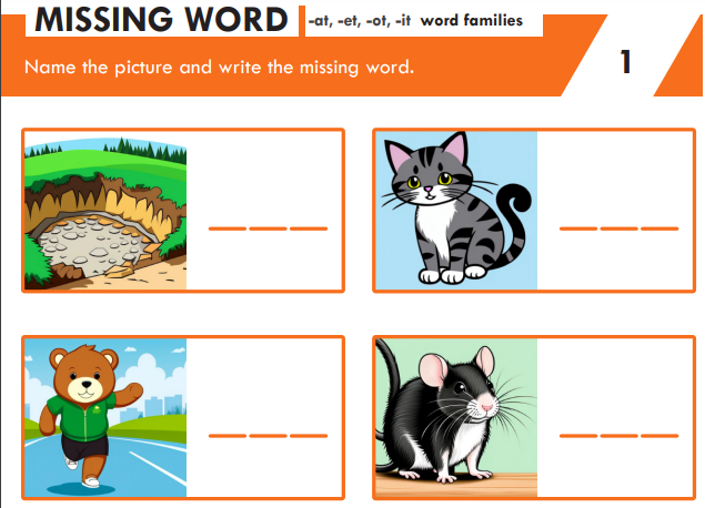 Missing Word Worksheet for -at, -et, -ot, -it Word Families - Free Download
